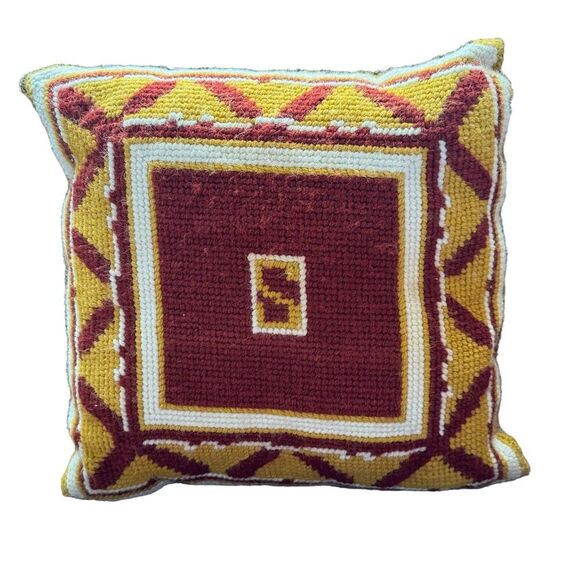 Red Gold Geometric Wool Needlepoint Boho Accent Pillow 14 inches Square Handmade - Picture 1 of 11